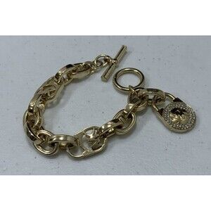 Michael Kors MK Padlock Charm Bracelet Chunky Gold Tone Rhinestones Logo Toggle